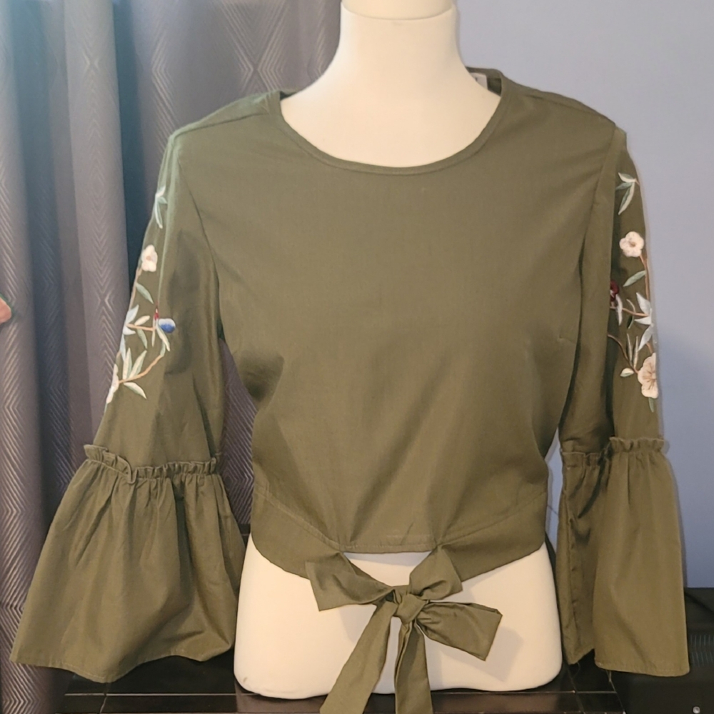 Floral Embroidered Olive Blouse with Bell Sleeves